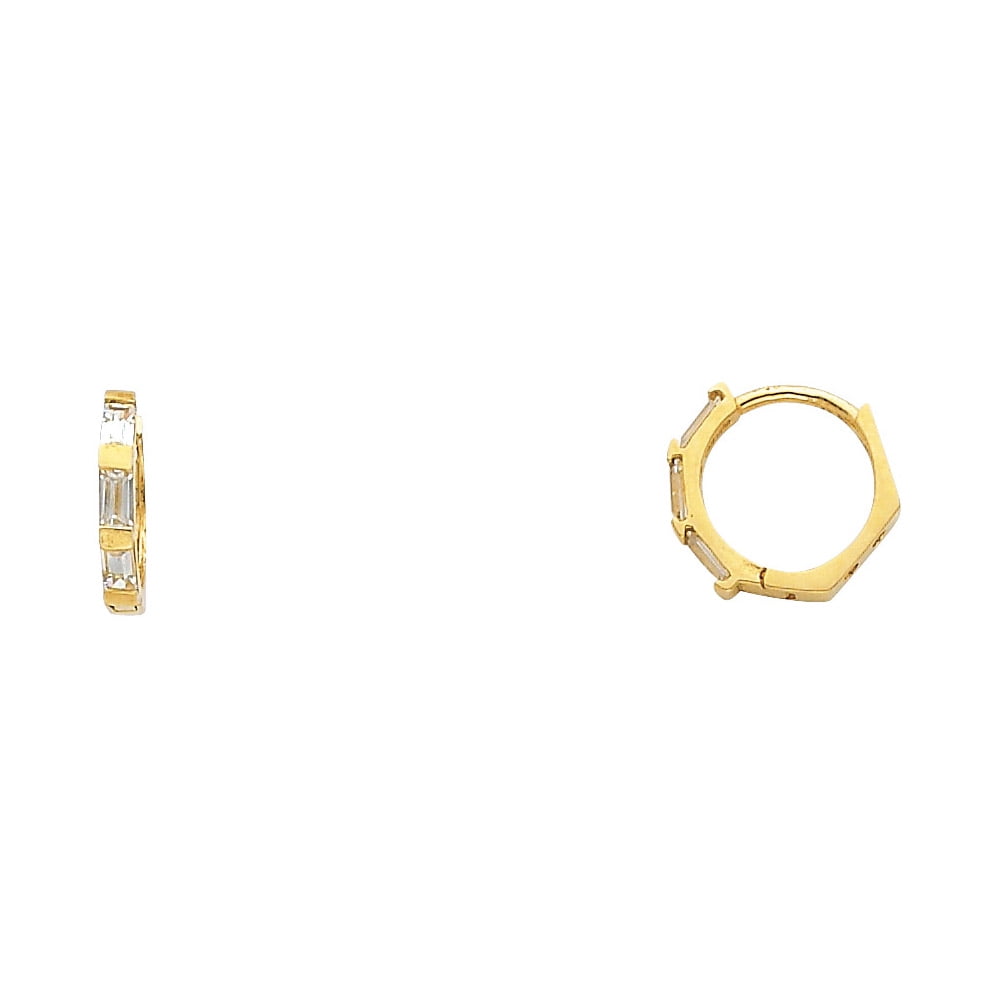 GEMAPEX Solid 14k Yellow Gold Small Huggie Hoop Earrings Huggies Round CZ Baguette Polished Fancy Tiny 10 mm