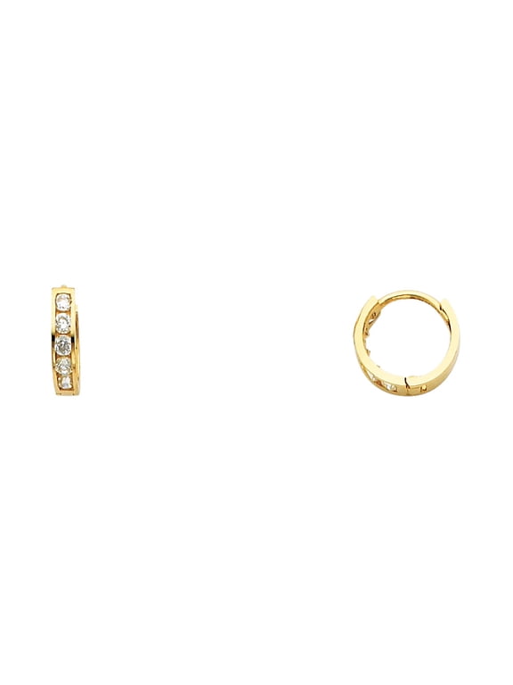 Solid 14k Yellow Gold Small Round CZ Huggie Hoops Earrings Polished Finish Huggies Fancy Tiny 10 mm