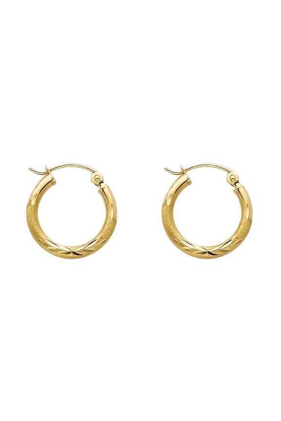 Solid 14k Yellow Gold Small Round Hoop Earrings Diamond Cut Satin / Matte Polished Finish 15 x 2 mm