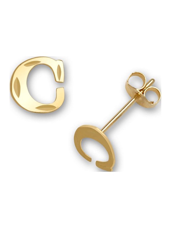 Solid 14k Yellow Gold Small Sparkle-cut A-Z Letter Name Personalized Monogram Initial Stud Earrings (initial: C) Stud Ea