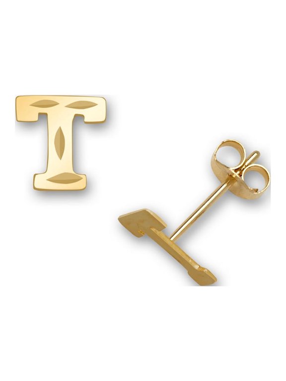 Solid 14k Yellow Gold Small Sparkle-cut A-Z Letter Name Personalized Monogram Initial Stud Earrings (initial: T) Stud Ea