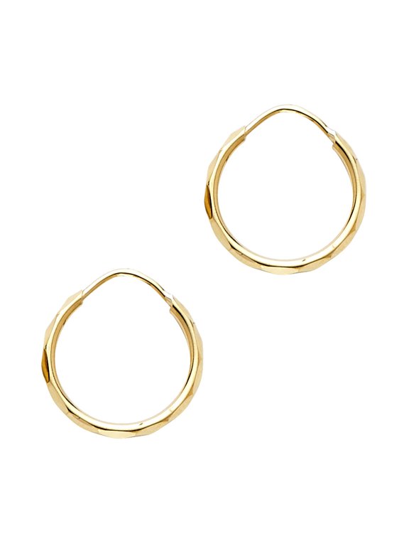 Solid 14k Yellow Gold Small Tiny Diamond Cut Round Endless Hoop Earrings Polished New 13mm x 1.5mm