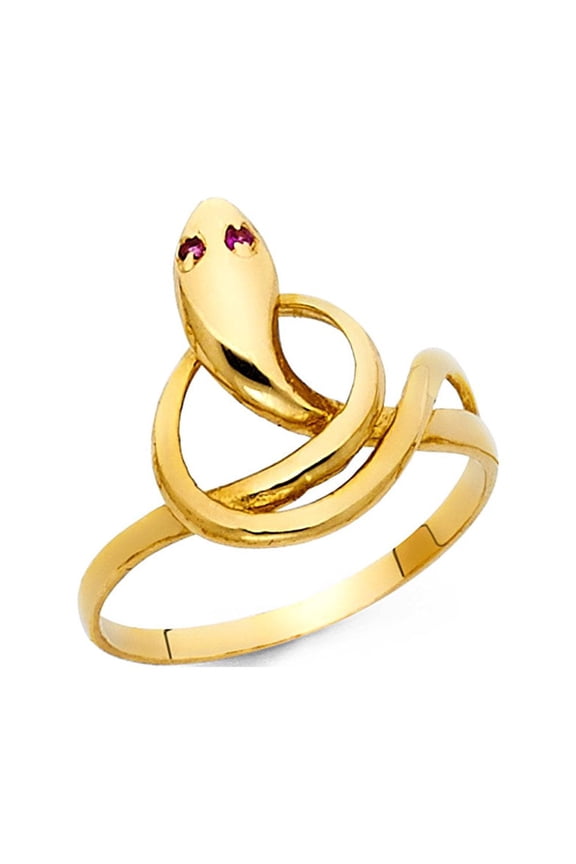 Solid 14k Yellow Gold Snake Ring Curve Band Serpent CZ Eyes Curve Design Polished Finish Fancy, Size 5.5