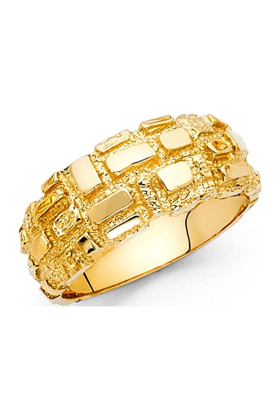 Solid 14k Yellow Gold Square Nugget Ring Band Polished Textured Diamond Cut Genuine 10MM, Size 11