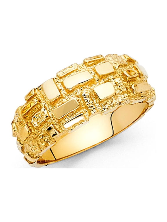 Solid 14k Yellow Gold Square Nugget Ring Band Polished Textured Diamond Cut Genuine 10MM, Size 12