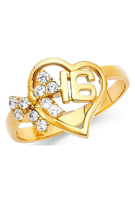 Solid 14k Yellow Gold Sweet 16 Birthday Ring Heart CZ Cluster Band Stylish Curve Design Polished, Size 7.5
