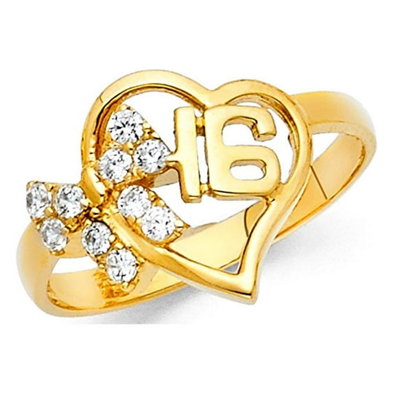 Solid 14k Yellow Gold Sweet 16 Birthday Ring Heart CZ Cluster Band Stylish Curve Design Polished, Size 9