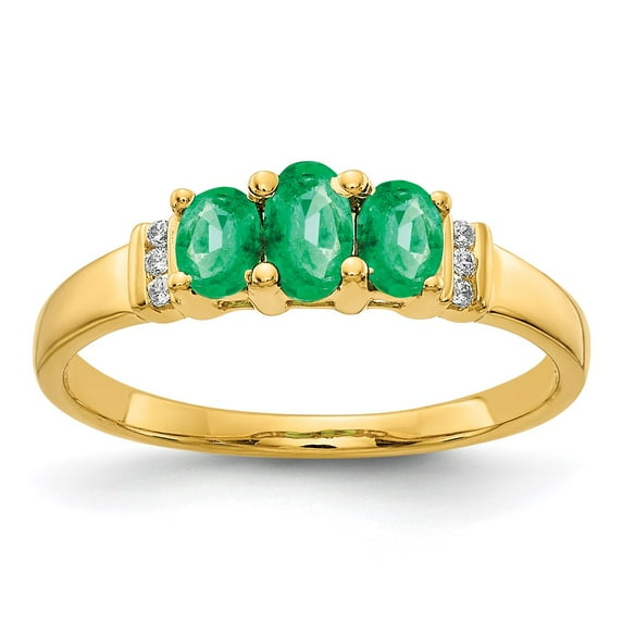 Solid 14k Yellow Gold Triple Emerald Green May Gemstone and Diamond Engagement Ring Size 7.5 (.03 cttw.)