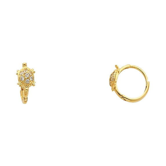 Solid 14k Yellow Gold Turtle Huggie Earrings CZ Tortoise Huggies Hoops Round Style Fancy Small 10 mm
