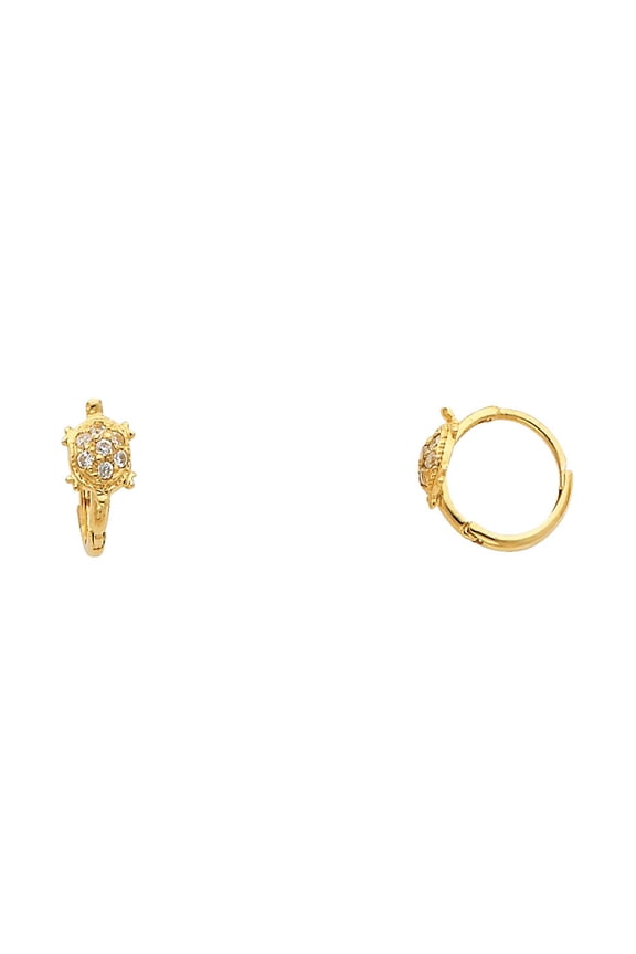 Solid 14k Yellow Gold Turtle Huggie Earrings CZ Tortoise Huggies Hoops Round Style Fancy Small 10 mm