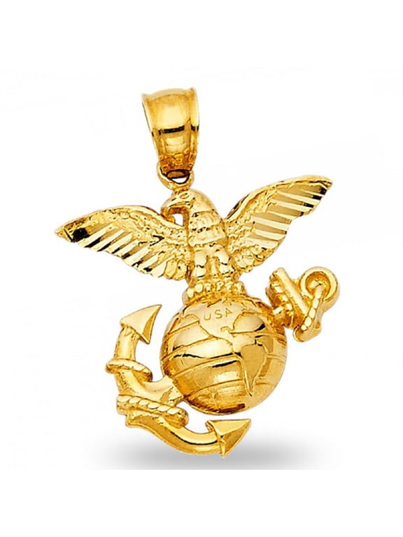 Solid 14k Yellow Gold USA Logo Pendant Marines Emblem Charm Eagle Anchor USA Polished Diamond Cut New 19 mm x 20 mm
