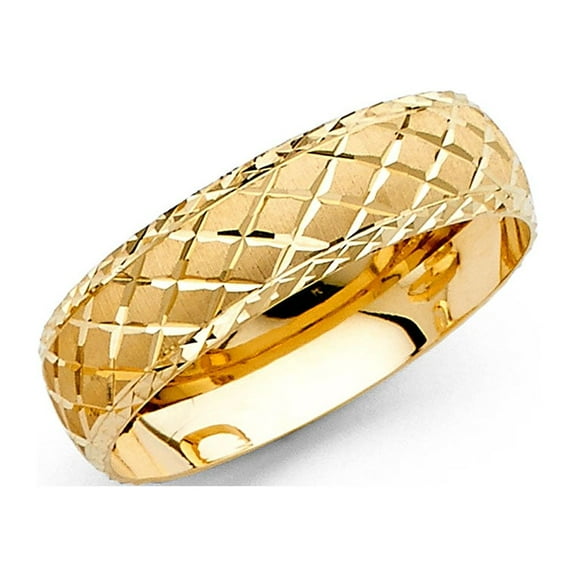 Solid 14k Yellow Gold Wedding Band Diamond Cut Ring Diamond Cut Satin & Polished Style 6 mm, Size 8