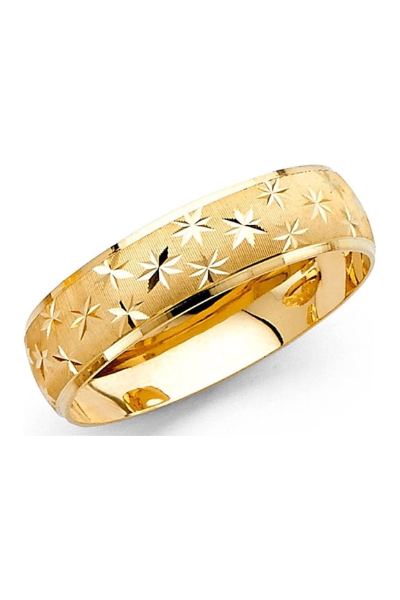 Solid 14k Yellow Gold Wedding Band Milgrain Ring Diamond Cut Star Dome Style Satin Finish 6 mm, Size 10