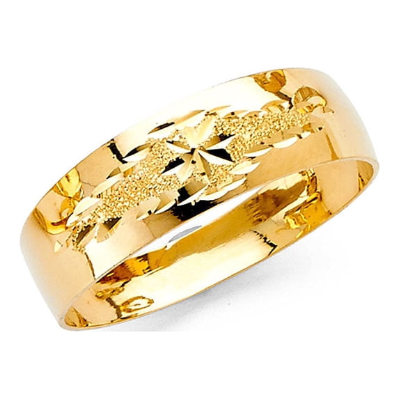 Solid 14k Yellow Gold Wedding Band Milgrain Ring Tapered Diamond Cut Star Polished Style 6 mm, Size 10
