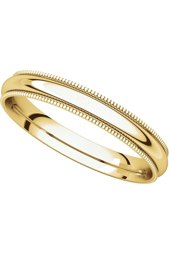 Solid 14k Yellow Gold Wedding Band Plain Milgrain Ring Polished Finish Regular Fit, 3 mm Size 5