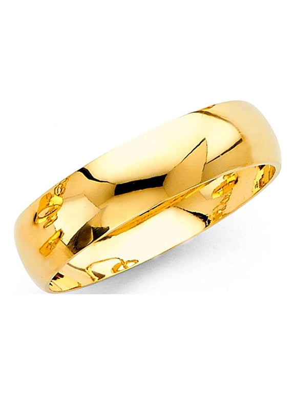 Solid 14k Yellow Gold Wedding Band Plain Ring Classic Dome Style High Polished Finish 6 mm, Size 10.5
