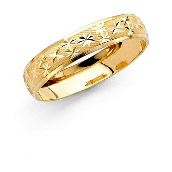 Solid 14k Yellow Gold Wedding Ring Milgrain Band Diamond Cut Star Mens Womens Dome Satin Finish 4 mm, Size 5
