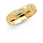 Solid 14k Yellow Gold Wedding Ring Milgrain Band Diamond Cut Star Mens Womens Dome Satin Finish 4 mm, Size 6
