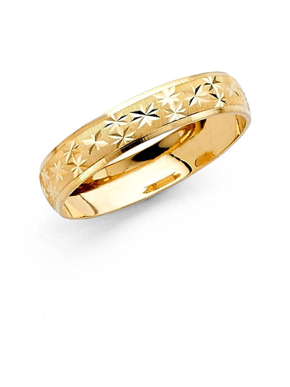Solid 14k Yellow Gold Wedding Ring Milgrain Band Diamond Cut Star Mens Womens Dome Satin Finish 4 mm
