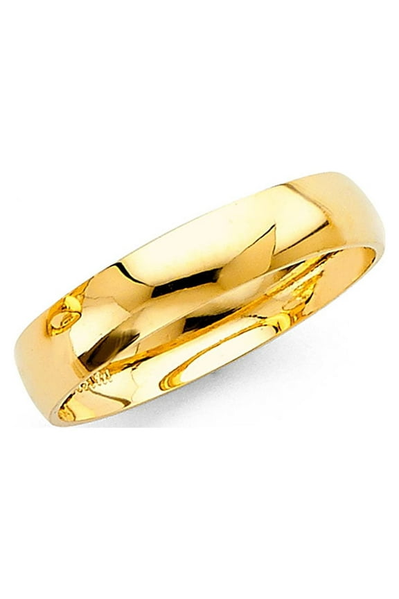 Solid 14k Yellow Gold Wedding Ring Plain Band Classic Dome Style Polished Finish Mens Womens 4 mm, Size 5.5
