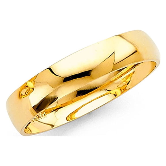 Solid 14k Yellow Gold Wedding Ring Plain Band Classic Dome Style Polished Finish Mens Womens 4 mm, Size 9