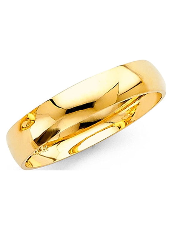 Solid 14k Yellow Gold Wedding Ring Plain Band Classic Dome Style Polished Finish Mens Womens 4 mm, Size 9