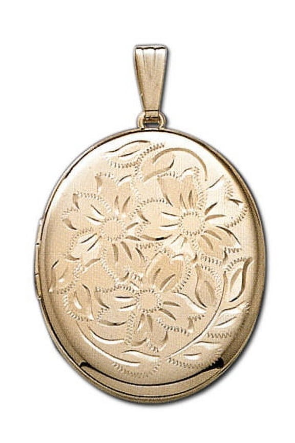 Solid 14k Yellow Gold XL Oval Floral Picture Locket - 1 Inch X 1-1/2 Inch in Solid 14K Yellow Gold