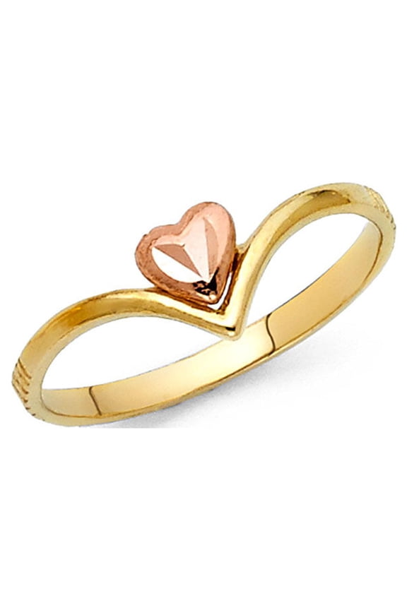 Solid 14k Yellow & Rose Gold Heart Ring V Shape Band Polished Finish Genuine Two Tone 7MM Size 5