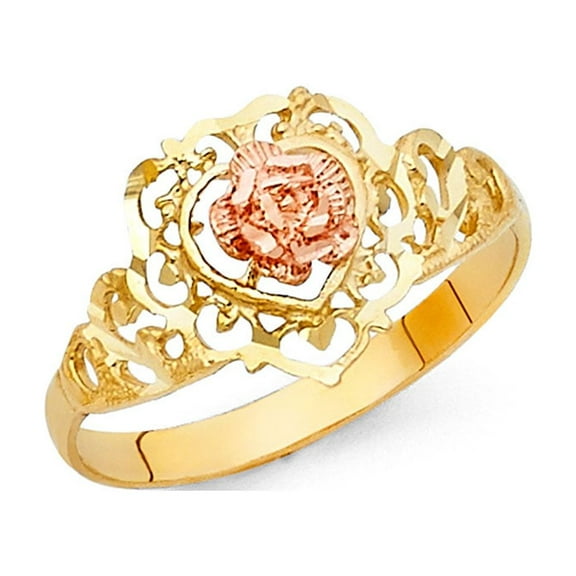 Solid 14k Yellow Rose Gold Heart & Rose Ring Fancy Flower Band Filigree Design Two Tone 11MM, Size 7