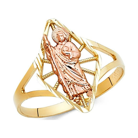 Solid 14k Yellow & Rose Gold Jesus Christ Ring Religious Charm Band Diamond Cut Two Tone 16MM, Size 7