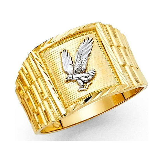 Solid 14k Yellow White Gold American Eagle Ring Textured Band Diamond Cut Two Tone Mens 14MM Size 8.5