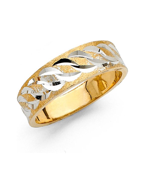 Solid 14k Yellow White Gold Band Solid Wedding Ring Tapered Diamond Cut Two Tone Style Men Women 6 mm Size 5