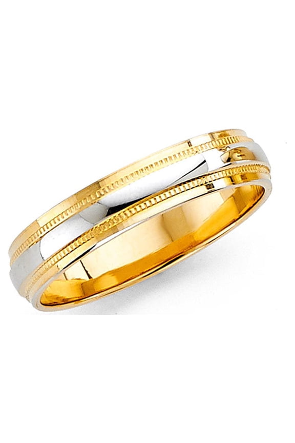 Solid 14k Yellow White Gold Band Wedding Milgrain Ring Diamond Cut Two Tone Polished Men Women 7 mm, Size 5