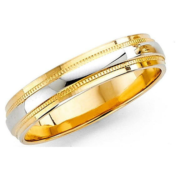 Solid 14k Yellow White Gold Band Wedding Milgrain Ring Diamond Cut Two Tone Polished Men Women 7 mm, Size 8