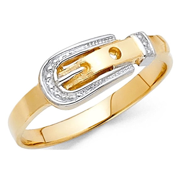 Solid 14k Yellow & White Gold Belt Buckle Ring Polished Finish Fancy Design Two Tone 7MM Size 9