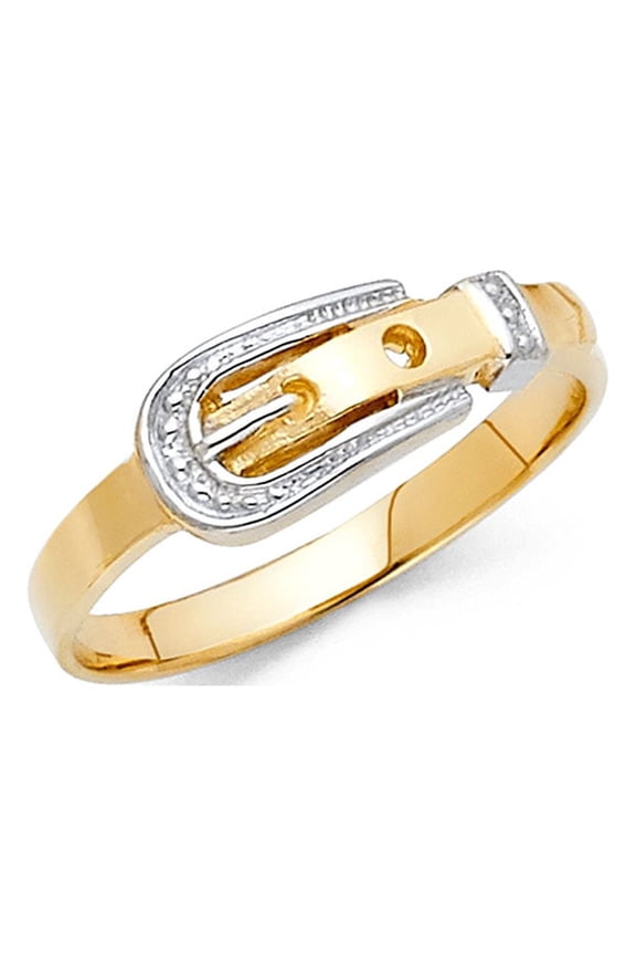 Solid 14k Yellow & White Gold Belt Buckle Ring Polished Finish Fancy Design Two Tone 7MM Size 9