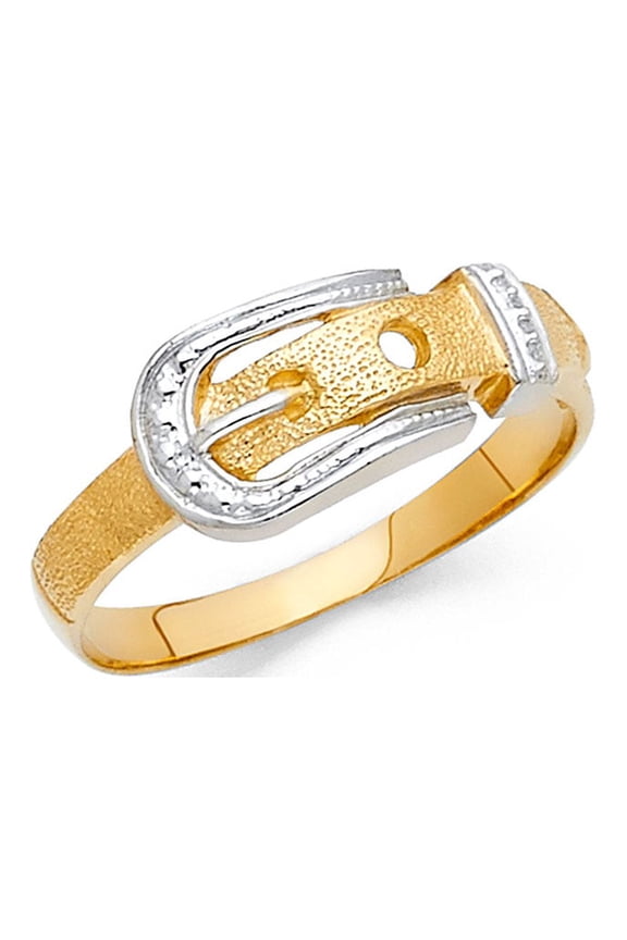 Solid 14k Yellow & White Gold Belt Buckle Ring Sand / Satin Finish Fancy Design Two Tone 7MM, Size 5