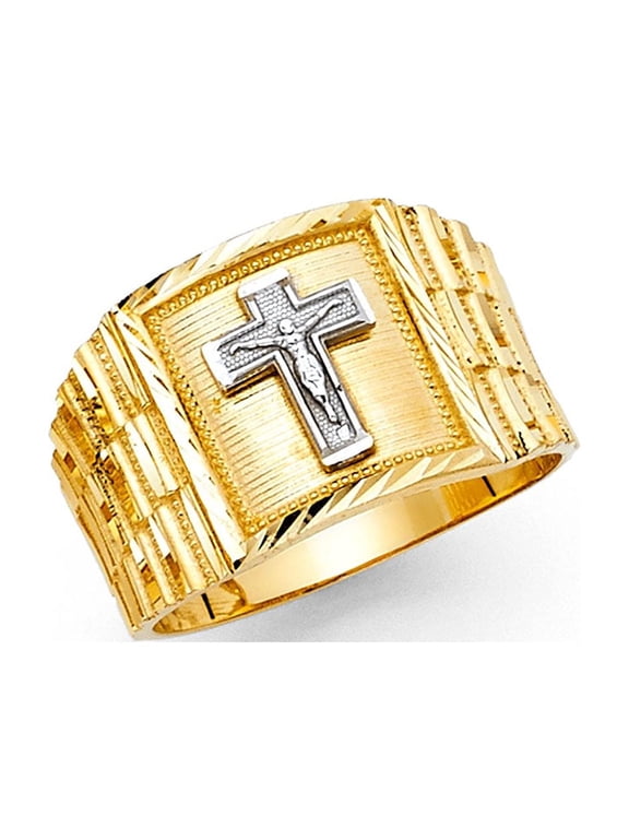 Solid 14k Yellow White Gold Big Jesus Cross Square Ring Mens Large Crucifix Band Two Tone 14MM Size 10