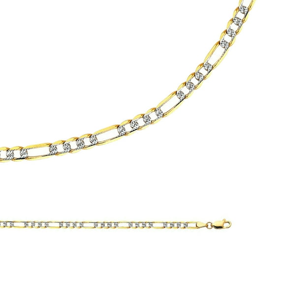Solid 14k Yellow & White Gold Chain Figaro Necklace Diamond Cut Two Tone Pave Light 3.8 mm 20 inch