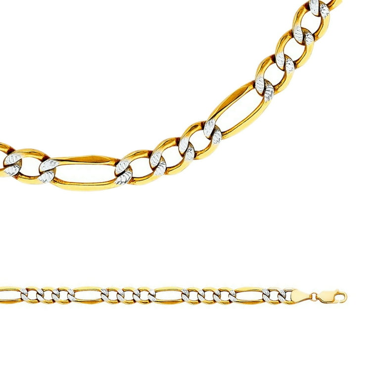 Solid 14k Yellow White Gold Chain Figaro Necklace Pave Hollow - Main Image
