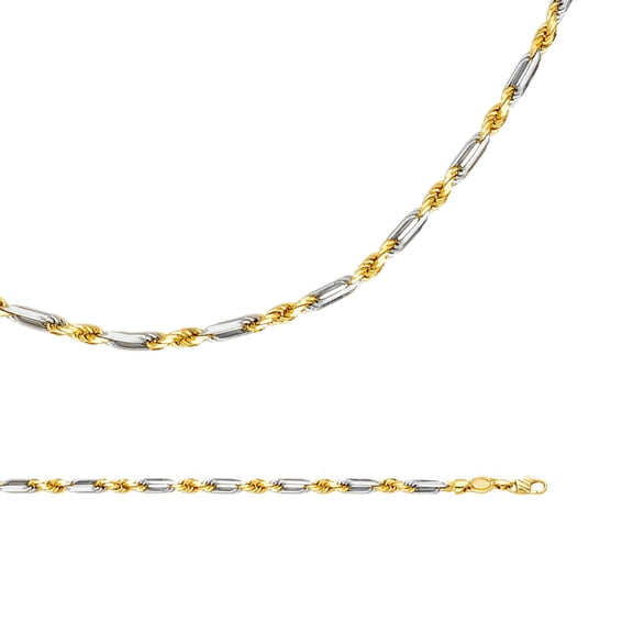 Solid 14k Yellow White Gold Chain Rope Necklace Diamond Cut Two Tone Twisted Heavy, 4 mm - 22 inch