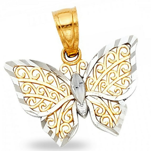 Solid 14k Yellow White Gold Charm Butterfly Pendant Diamond Cut Fancy Polished Two Tone 12 x 15 mm
