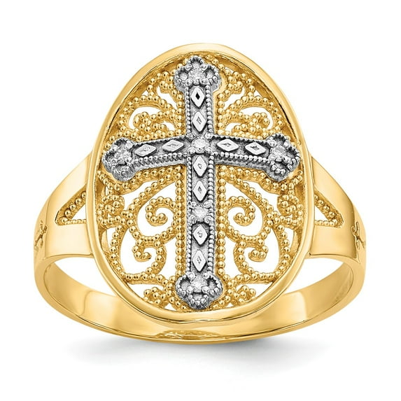 Solid 14k Yellow & White Gold Diamond Filigree Cross Ring (3mm) - Size 8