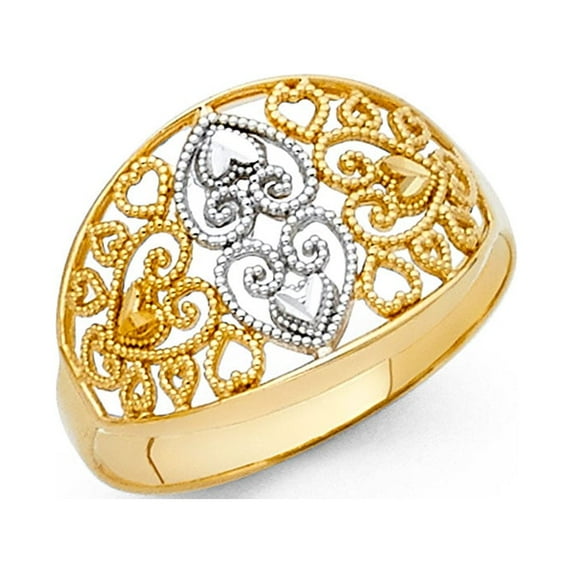 Solid 14k Yellow & White Gold Fancy Hearts Band Ring Filigree Design Polished Two Tone 12MM, Size 8.5