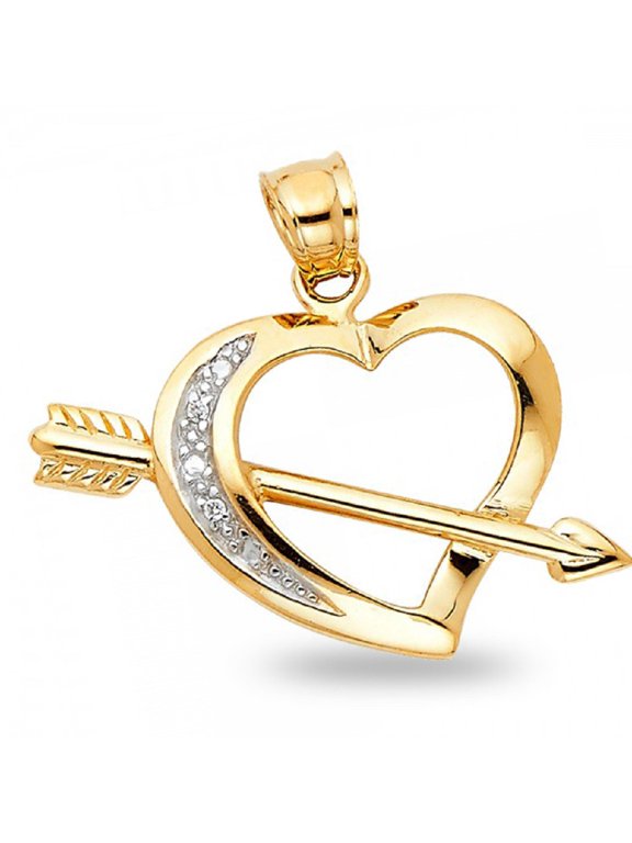 Solid 14k Yellow White Gold Heart Arrow Pendant Cupid Arrow Love Charm CZ Accent Two Tone 16 x 18 mm