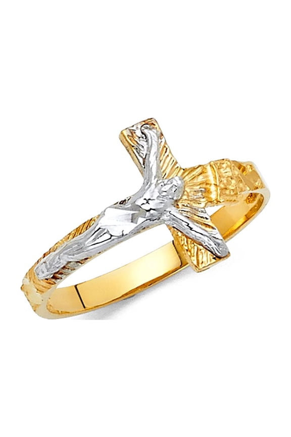 Solid 14k Yellow White Gold Jesus Cross Crucifix Ring Religious Band Diamond Cut Two Tone 13MM, Size 5