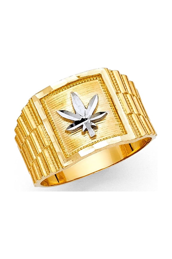Solid 14k Yellow White Gold Mens Marijuana Ring Cannabis Leaf Band Two Tone Polished 14MM Size 10.5