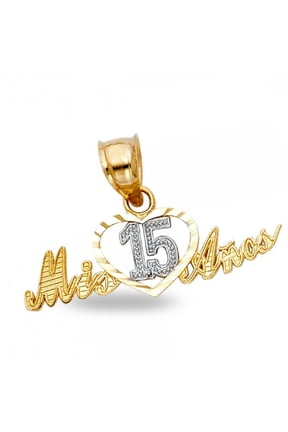 Solid 14k Yellow White Gold Mis 15 Anos Heart Pendant Quinceanera Love Birthday Charm 11 x 25 mm