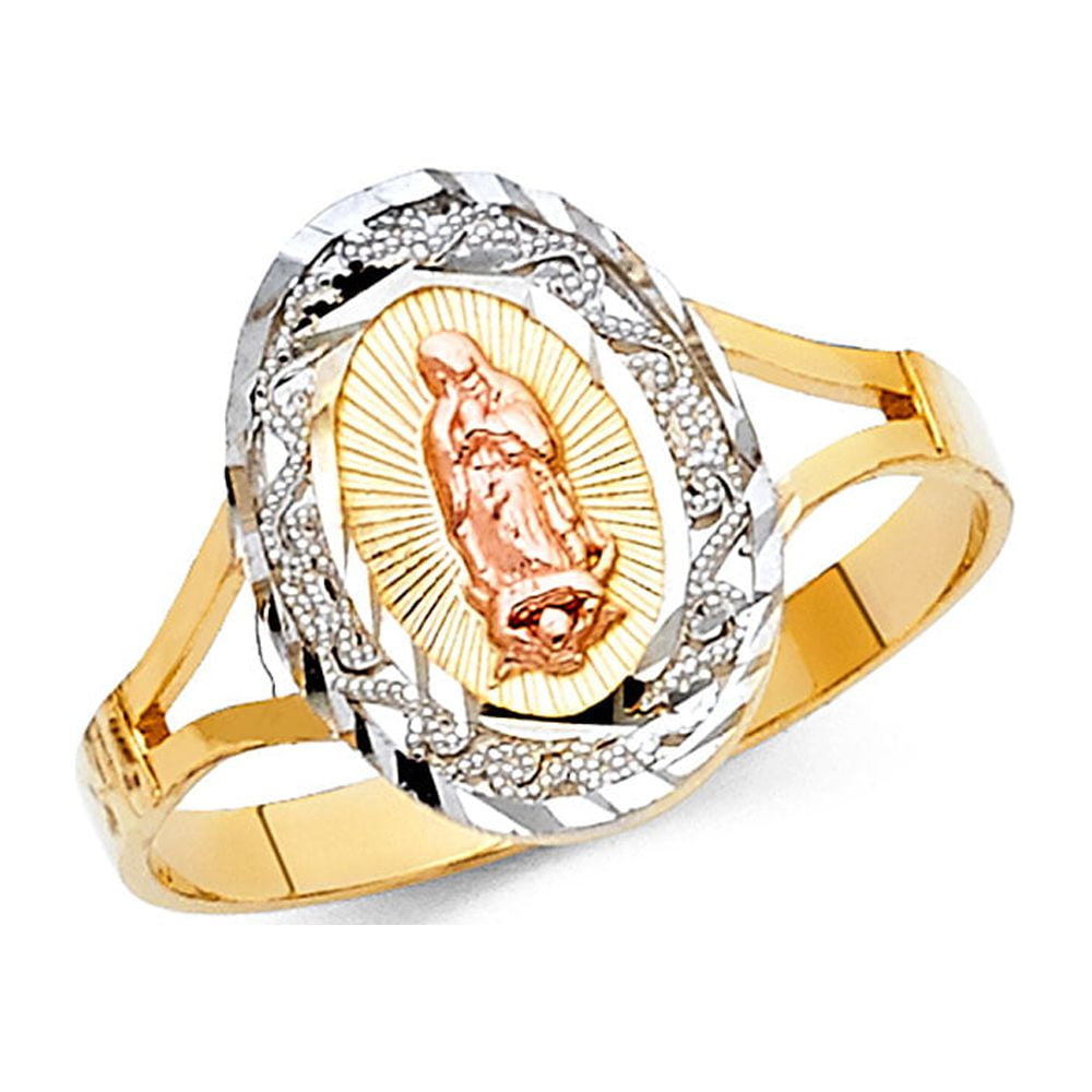 Solid 14k Yellow White Gold Oval Lady Guadalupe Charm Ring Virgin Mary Band Diamond Cut 15MM, Size 7.5