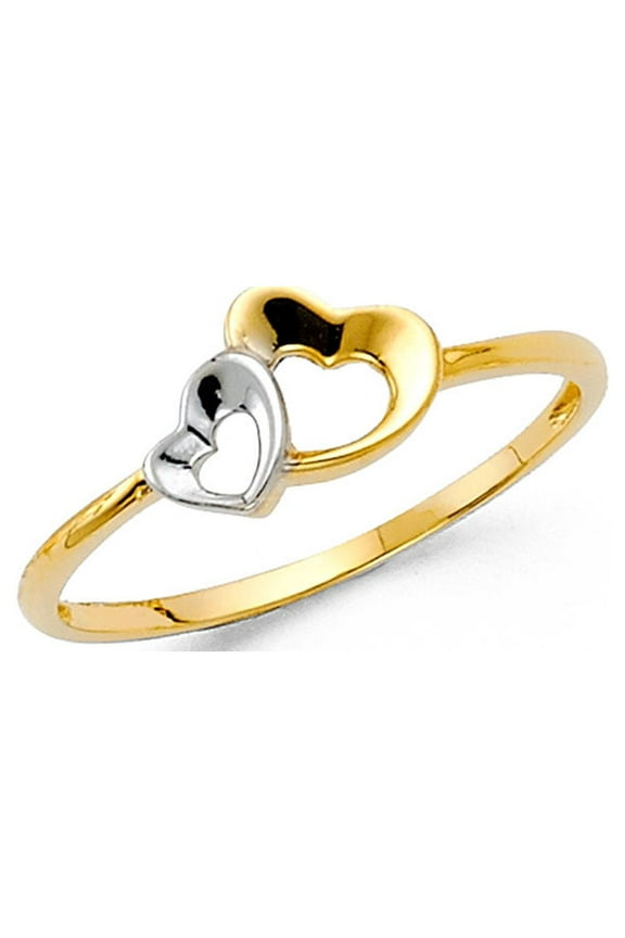 Solid 14k Yellow White Gold Two Hearts Ring Love Band Two Hearts Together Two Tone Genuine 6MM, Size 7